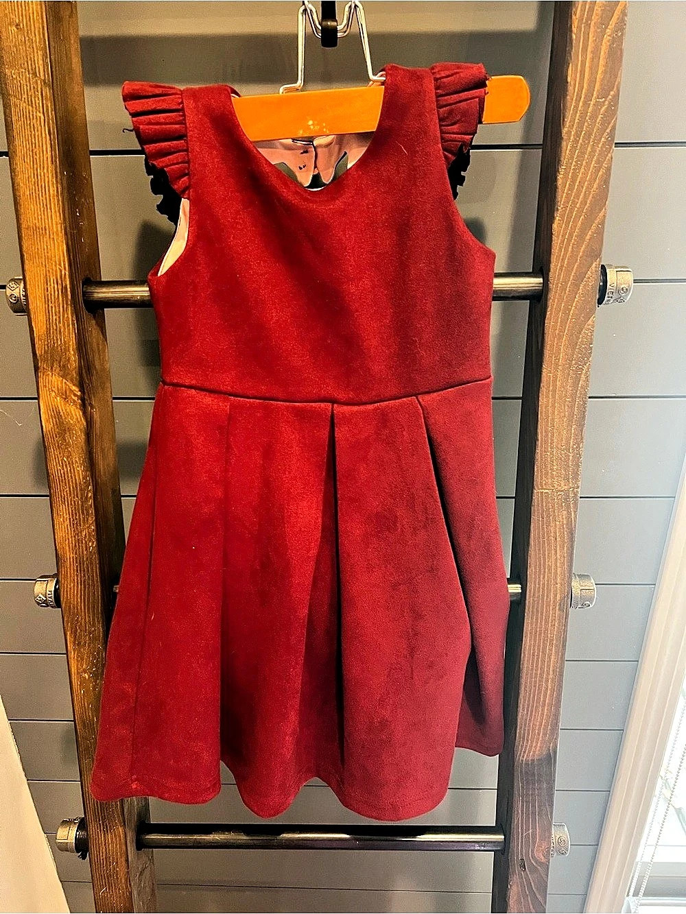 Ava & Yelly Faux Suede Ruffle Sleeve Skater Dress Girls 5 purple/burgandy